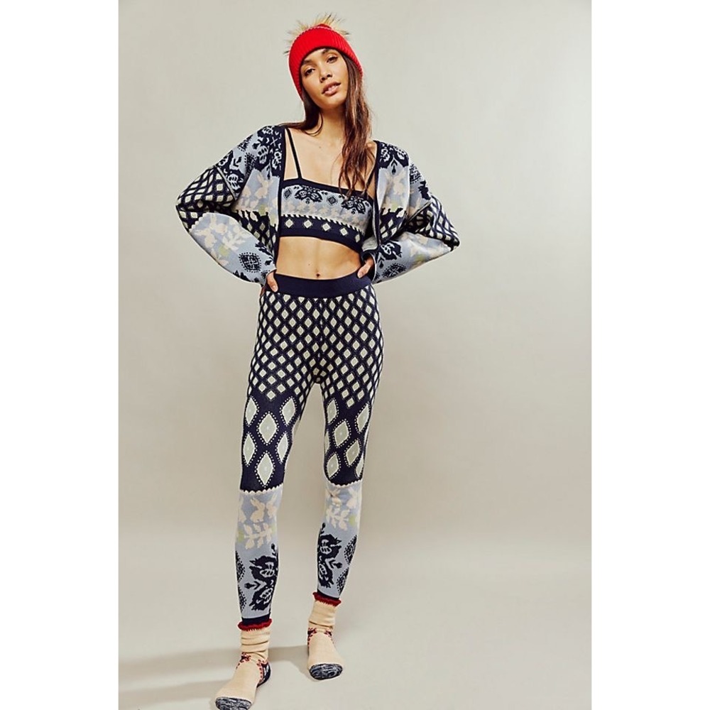 Free People Snow Bunny Fair Isle Knit Leggings Navy Blue Rabbit Floral XS